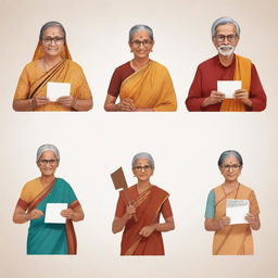 Clip art of diverse individuals casting votes. Include a college student, a man in traditional Tamil attire, a western-dressed woman, a woman in saree, an elderly Rajasthani man, and an old grandmother.