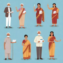 Clip art of diverse individuals casting votes. Include a college student, a man in traditional Tamil attire, a western-dressed woman, a woman in saree, an elderly Rajasthani man, and an old grandmother.