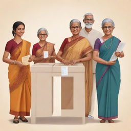 Clip art of diverse individuals casting votes. Include a college student, a man in traditional Tamil attire, a western-dressed woman, a woman in saree, an elderly Rajasthani man, and an old grandmother.