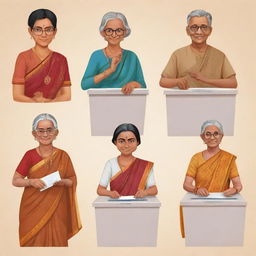 Clip art of diverse individuals casting votes. Include a college student, a man in traditional Tamil attire, a western-dressed woman, a woman in saree, an elderly Rajasthani man, and an old grandmother.