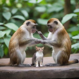 Two playful monkeys interacting with a female cat in a vibrant, natural environment