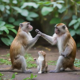 Two playful monkeys interacting with a female cat in a vibrant, natural environment