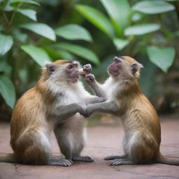 Two playful monkeys interacting with a female cat in a vibrant, natural environment