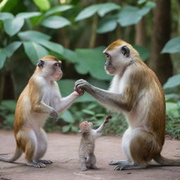 Two playful monkeys interacting with a female cat in a vibrant, natural environment