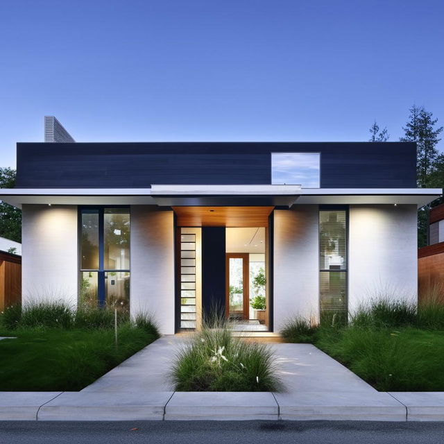 A modern front house design with clean lines, large windows, minimalist landscaping, and a striking entrance.