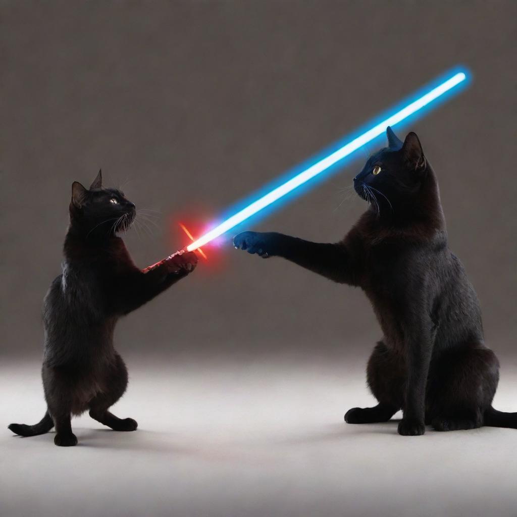 A sleek Bombay cat skillfully wielding a bright blue lightsaber in an epic duel against a feisty dog equipped with a crimson lightsaber