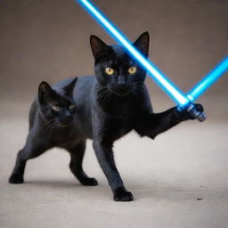 A sleek Bombay cat skillfully wielding a bright blue lightsaber in an epic duel against a feisty dog equipped with a crimson lightsaber