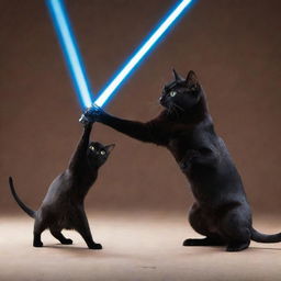 A sleek Bombay cat skillfully wielding a bright blue lightsaber in an epic duel against a feisty dog equipped with a crimson lightsaber