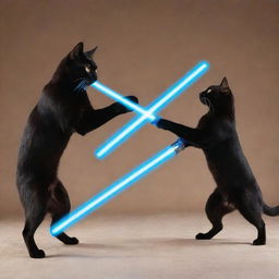 A sleek Bombay cat skillfully wielding a bright blue lightsaber in an epic duel against a feisty dog equipped with a crimson lightsaber