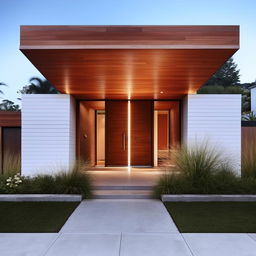 A modern front house design with clean lines, large windows, minimalist landscaping, and a striking entrance.