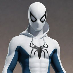 Create a combined costume for Spiderman with elements of Moon Knight's attire. Spiderman retains his mask, but adds a white crescent-shaped hood. Additionally, envision him in a white and blue suit, adorned with crescent moon accents.