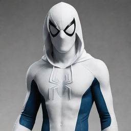 Create a combined costume for Spiderman with elements of Moon Knight's attire. Spiderman retains his mask, but adds a white crescent-shaped hood. Additionally, envision him in a white and blue suit, adorned with crescent moon accents.