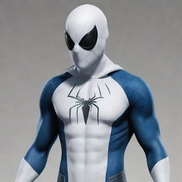 Create a combined costume for Spiderman with elements of Moon Knight's attire. Spiderman retains his mask, but adds a white crescent-shaped hood. Additionally, envision him in a white and blue suit, adorned with crescent moon accents.