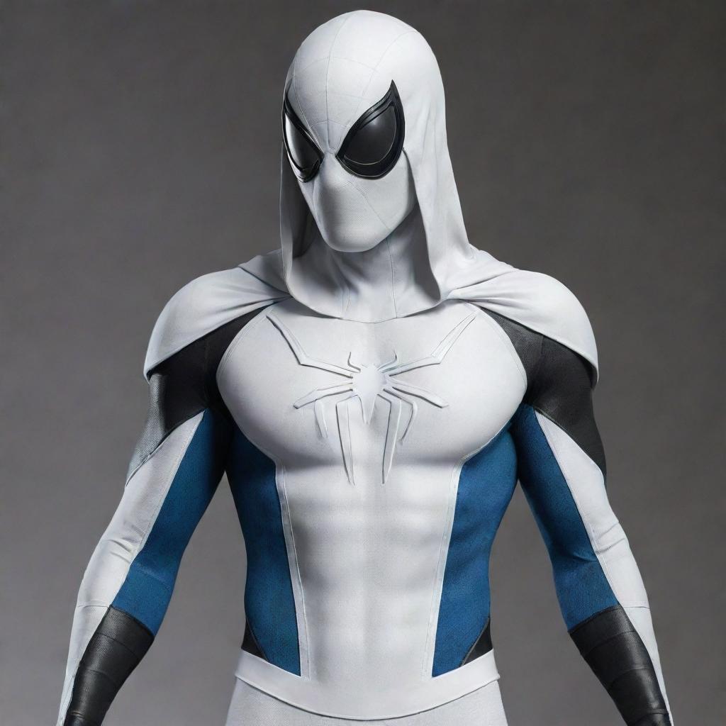 Create a combined costume for Spiderman with elements of Moon Knight's attire. Spiderman retains his mask, but adds a white crescent-shaped hood. Additionally, envision him in a white and blue suit, adorned with crescent moon accents.