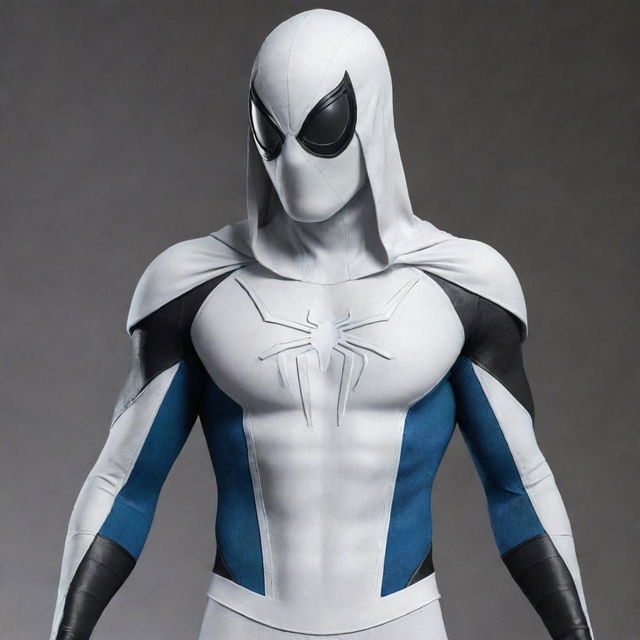 Create a combined costume for Spiderman with elements of Moon Knight's attire. Spiderman retains his mask, but adds a white crescent-shaped hood. Additionally, envision him in a white and blue suit, adorned with crescent moon accents.