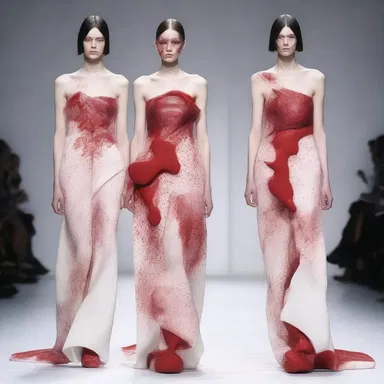 The avant-garde designer showcased a bold and edgy collection inspired by hematolysis, featuring garments with fluid lines and splatters of red resembling blood cells.