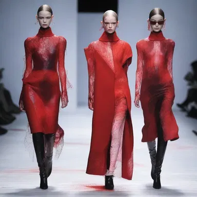 The avant-garde designer showcased a bold and edgy collection inspired by hematolysis, featuring garments with fluid lines and splatters of red resembling blood cells.