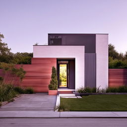 A modern front house design with clean lines, large windows, minimalist landscaping, and a striking entrance.