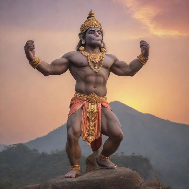 Lord Hanuman, a Hindu deity, in his iconic pose of holding a mountain, set against a ethereal sunset backdrop