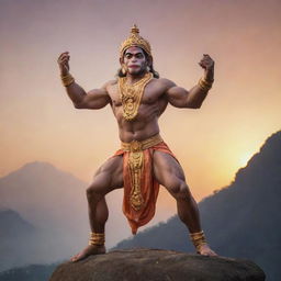 Lord Hanuman, a Hindu deity, in his iconic pose of holding a mountain, set against a ethereal sunset backdrop