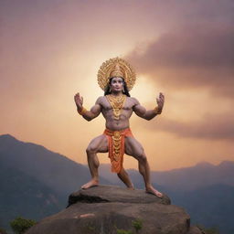 Lord Hanuman, a Hindu deity, in his iconic pose of holding a mountain, set against a ethereal sunset backdrop