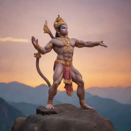 Lord Hanuman, a Hindu deity, in his iconic pose of holding a mountain, set against a ethereal sunset backdrop