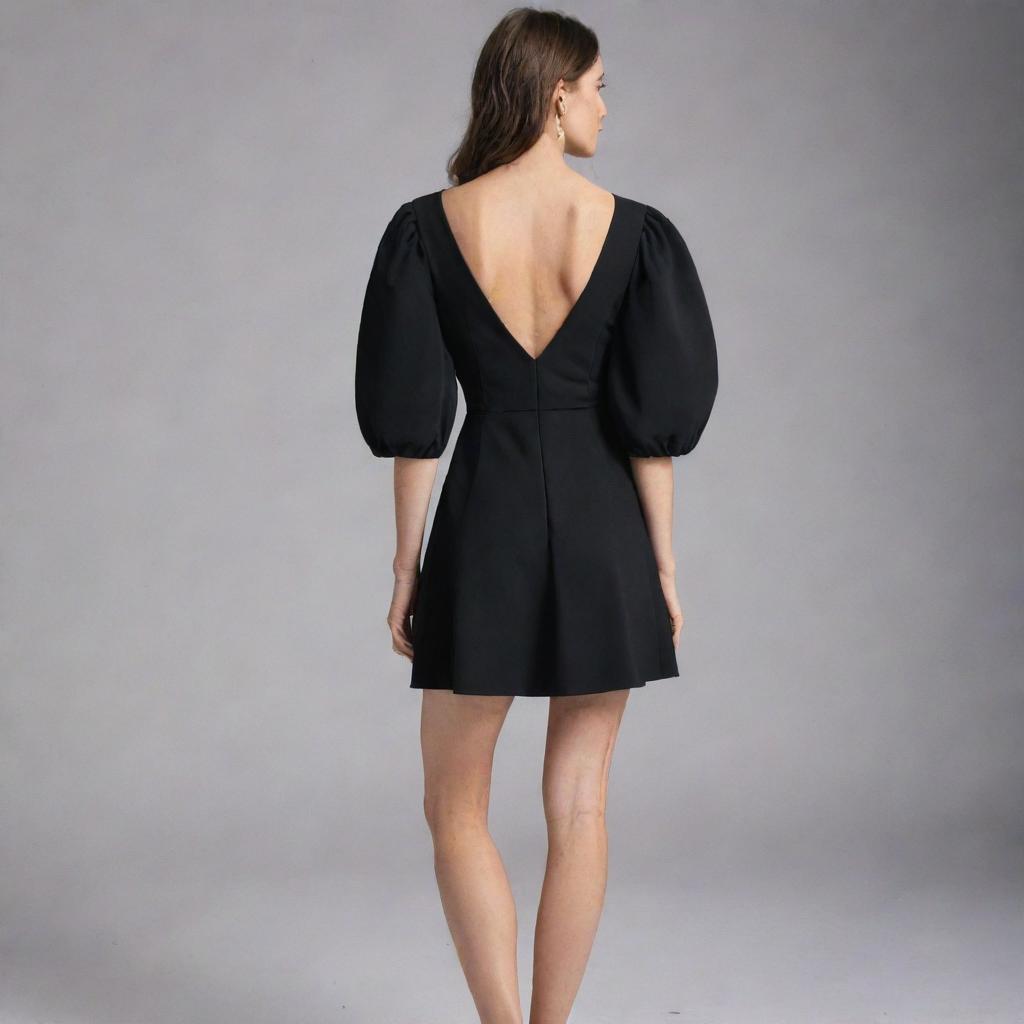 Back view of a short, black designer dress with a wide skirt, deep V-neckline, and broad sleeves.