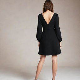 Back view of a short, black designer dress with a wide skirt, deep V-neckline, and broad sleeves.