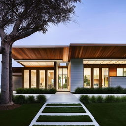 A modern front house design with clean lines, large windows, minimalist landscaping, and a striking entrance.