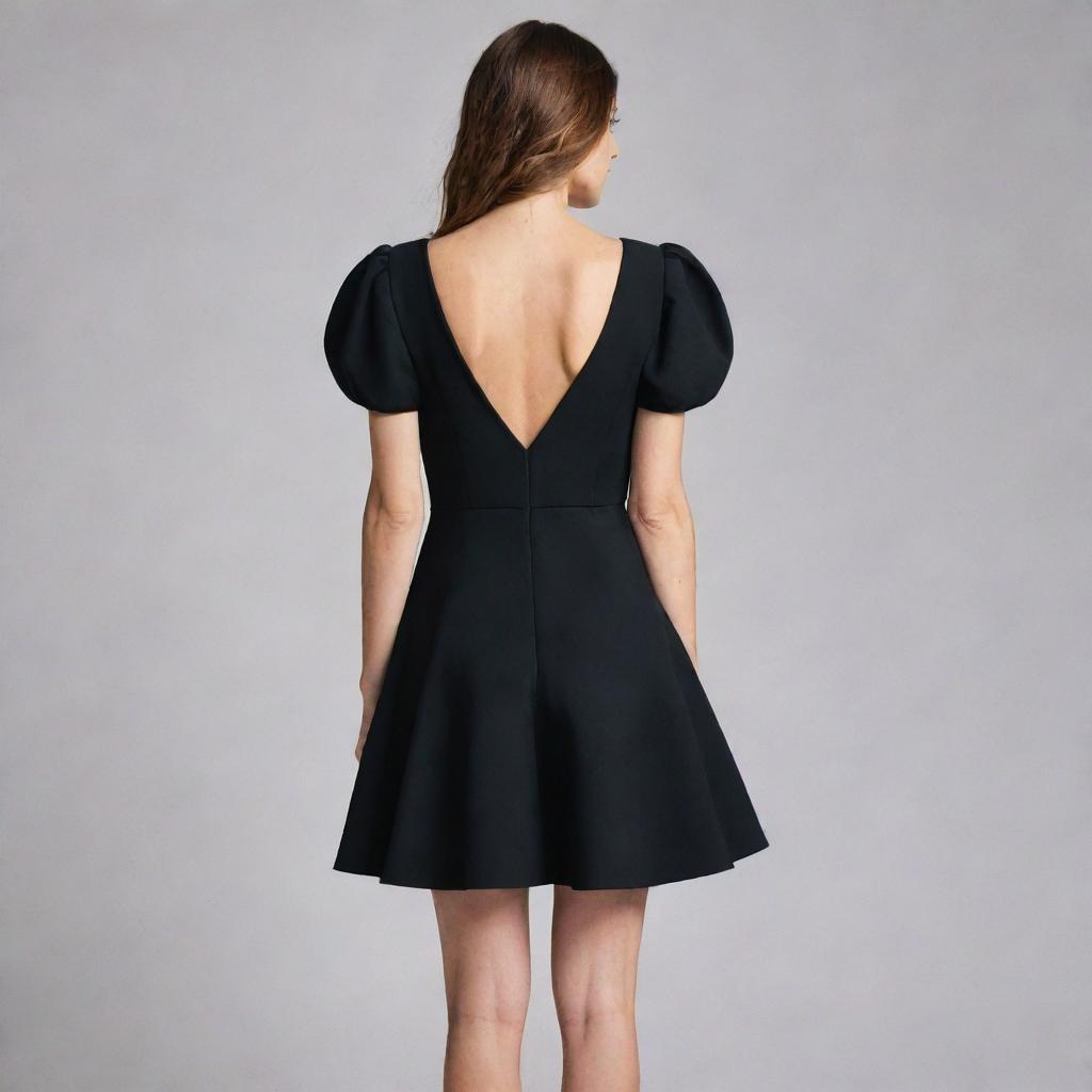 Back view of a short, black designer dress with a wide skirt, deep V-neckline, and broad sleeves.