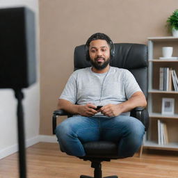 A man sitting comfortably on a chair, intensely engaged in recording a podcast