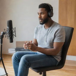 A man sitting comfortably on a chair, intensely engaged in recording a podcast