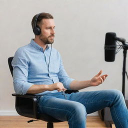 A man sitting comfortably on a chair, intensely engaged in recording a podcast