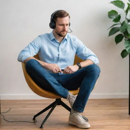 A man sitting comfortably on a chair, intensely engaged in recording a podcast