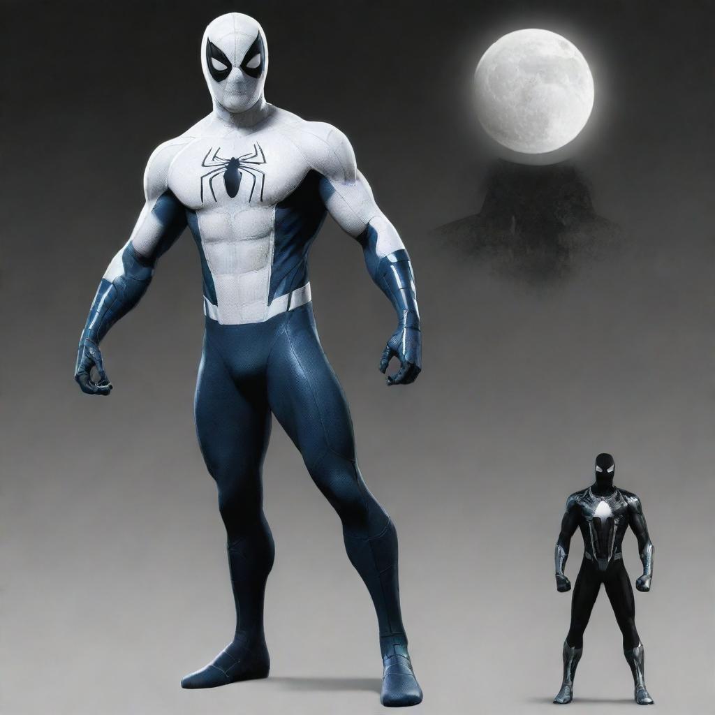 Create a visually striking hybrid superhero costume, combining elements from both Spiderman and Moon Knight's outfits. This new design should epitomize both characters' unique styles and features.