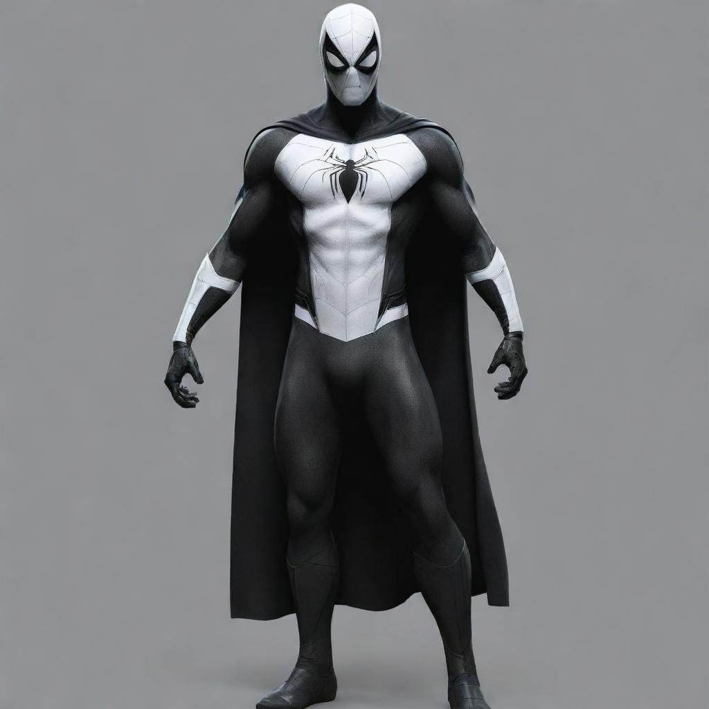 Create a visually striking hybrid superhero costume, combining elements from both Spiderman and Moon Knight's outfits. This new design should epitomize both characters' unique styles and features.