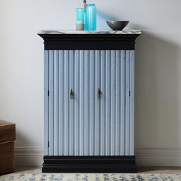 White and blue fluted shutters forming storage unit situated above a black marble side table