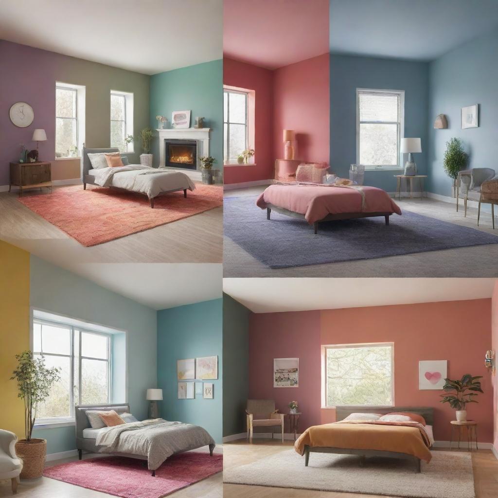 An illustrative image displaying various rooms with different color schemes, each accompanied by an emotional reaction, highlighting the psychological impact of color in interior design.