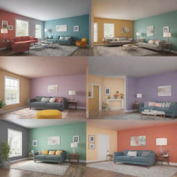 An illustrative image displaying various rooms with different color schemes, each accompanied by an emotional reaction, highlighting the psychological impact of color in interior design.