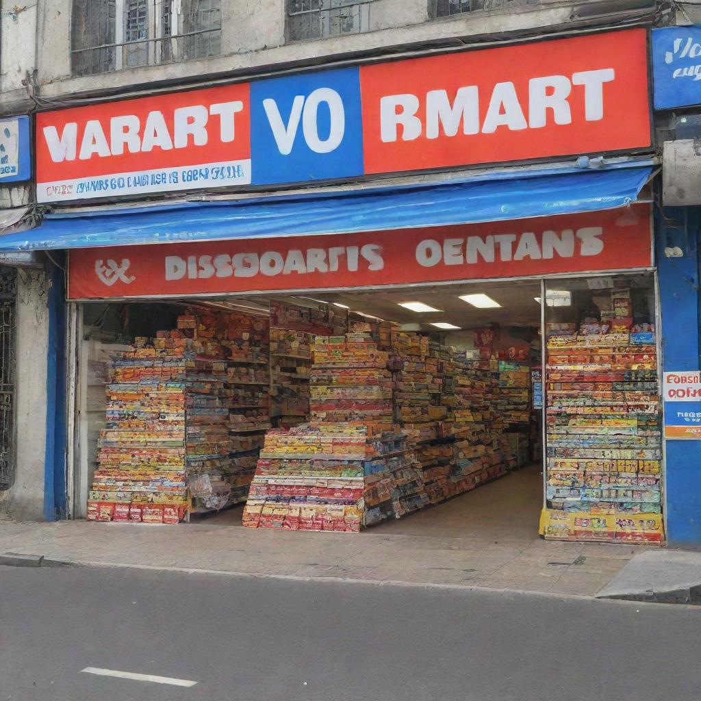 A vibrant and enticing image of a V Mart storefront, adorned with banners and signs proclaiming a flat 80% discount on all items.