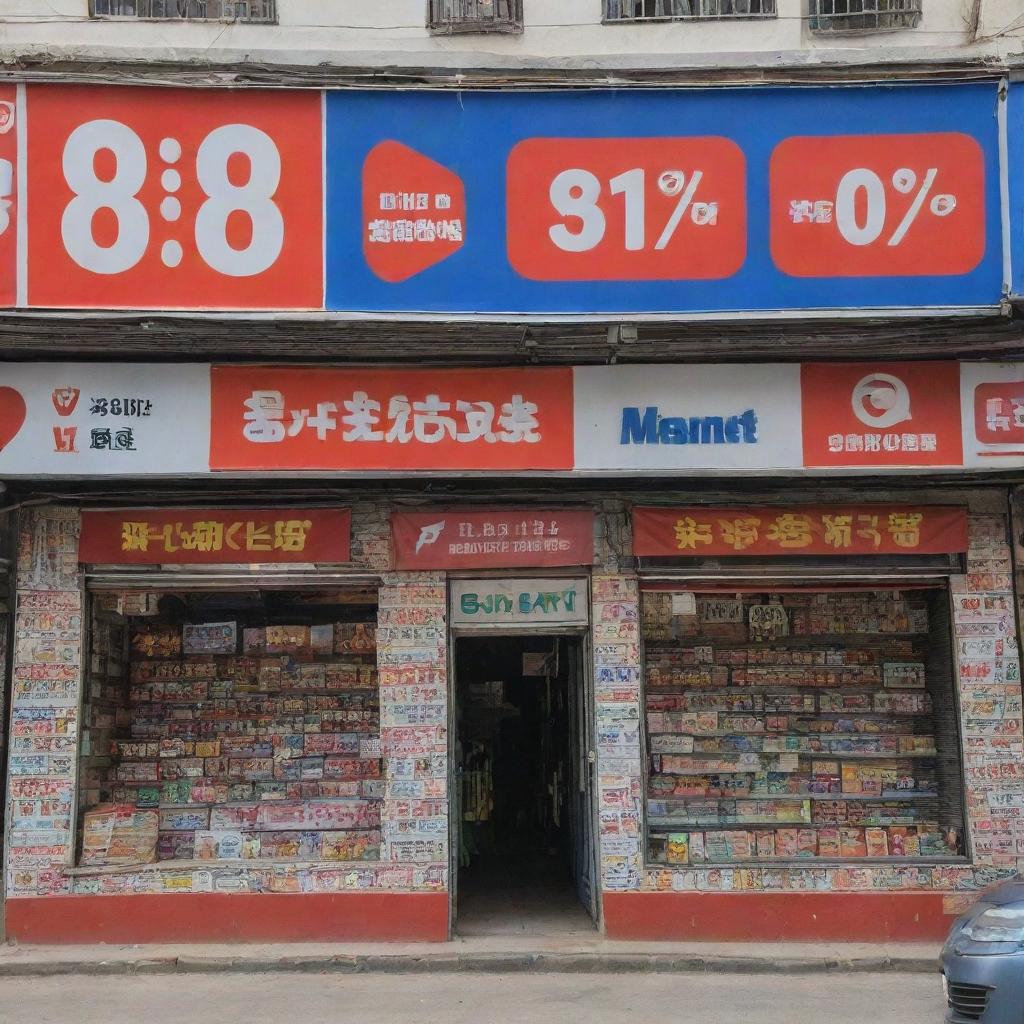 A vibrant and enticing image of a V Mart storefront, adorned with banners and signs proclaiming a flat 80% discount on all items.