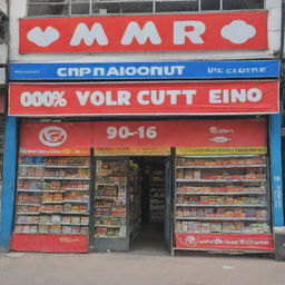 A vibrant and enticing image of a V Mart storefront, adorned with banners and signs proclaiming a flat 80% discount on all items.