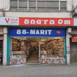 A vibrant and enticing image of a V Mart storefront, adorned with banners and signs proclaiming a flat 80% discount on all items.