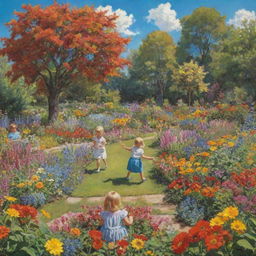 A lively garden scene with children joyfully playing among a plethora of colorful flowers and lush green trees under a bright sunny blue sky.