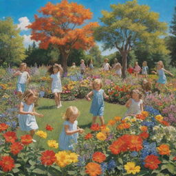 A lively garden scene with children joyfully playing among a plethora of colorful flowers and lush green trees under a bright sunny blue sky.