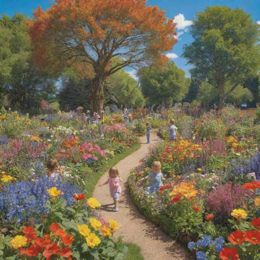 A lively garden scene with children joyfully playing among a plethora of colorful flowers and lush green trees under a bright sunny blue sky.