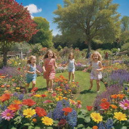 A lively garden scene with children joyfully playing among a plethora of colorful flowers and lush green trees under a bright sunny blue sky.