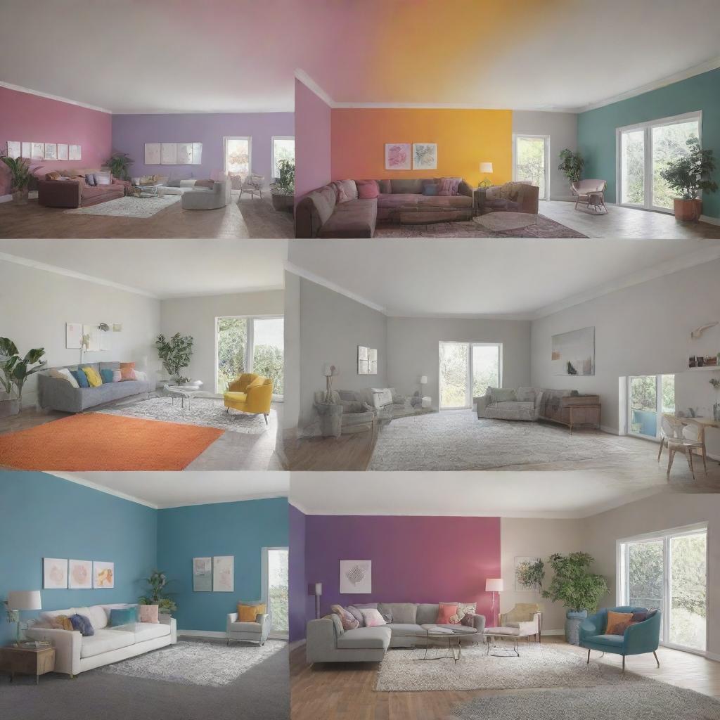 An illustrative image displaying various rooms with different color schemes, each accompanied by an emotional reaction, showing the psychological impact of color in interior design.