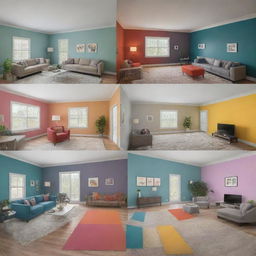 An illustrative image displaying various rooms with different color schemes, each accompanied by an emotional reaction, showing the psychological impact of color in interior design.