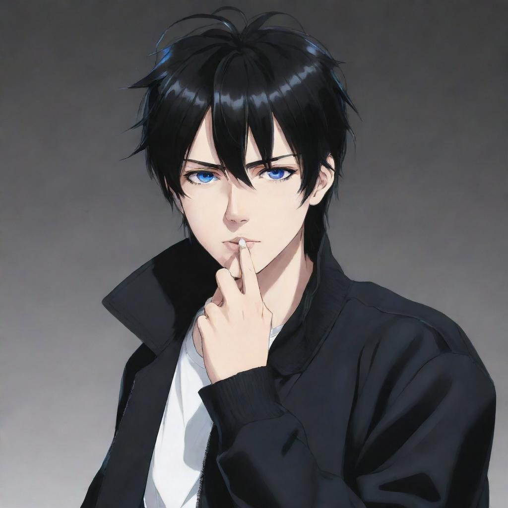 Anime character with messy black hair, striking blue eyes, wearing a sleek black jacket, and casually holding a lit cigarette